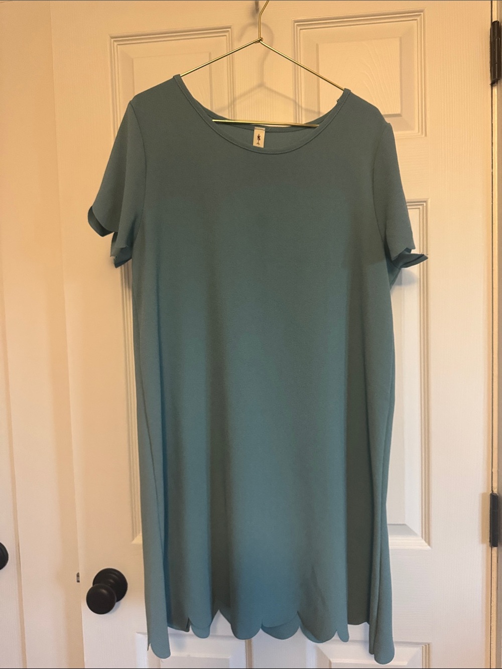 Vanilla Bay Women’s Soft Teal Crewneck Shift Dress with Scalloped Hem